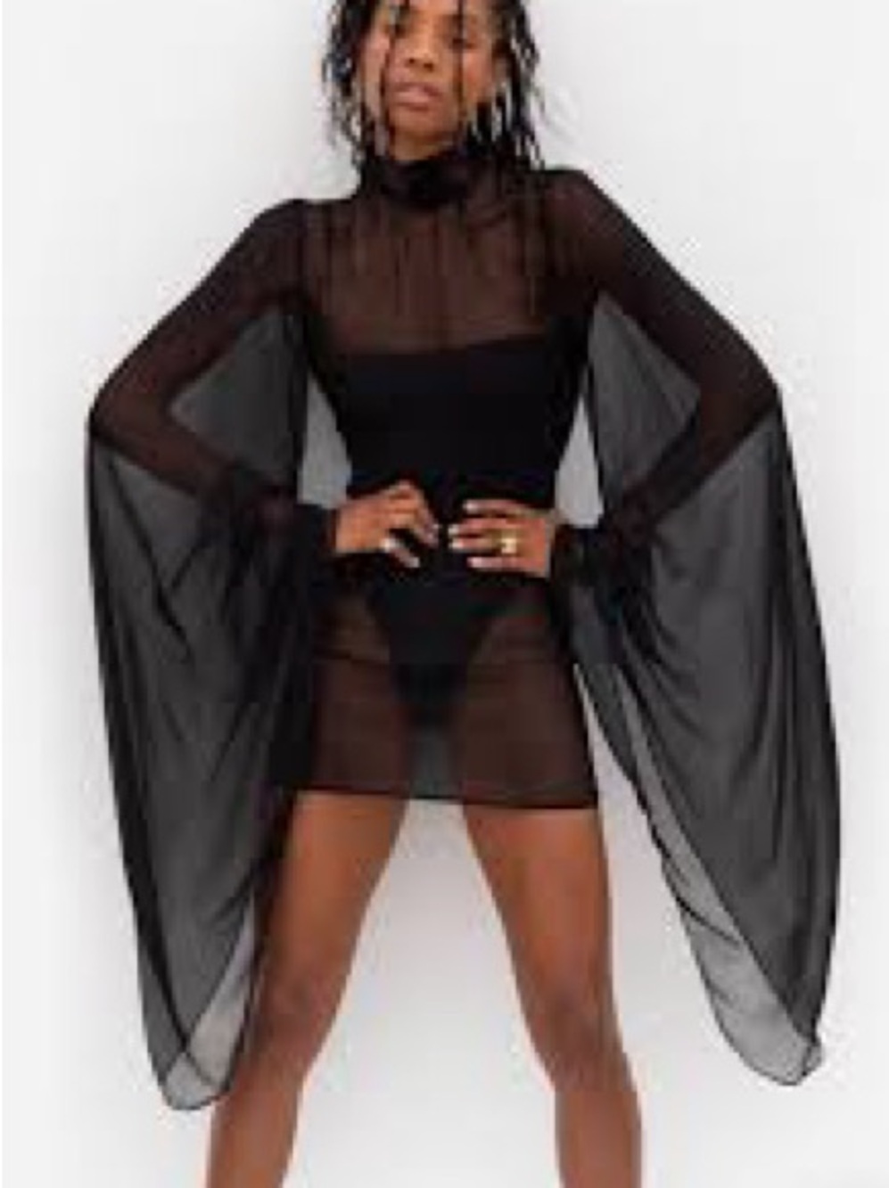 Rat & Boa Black Sheer Bell-Sleeve Mini Dress in Black
